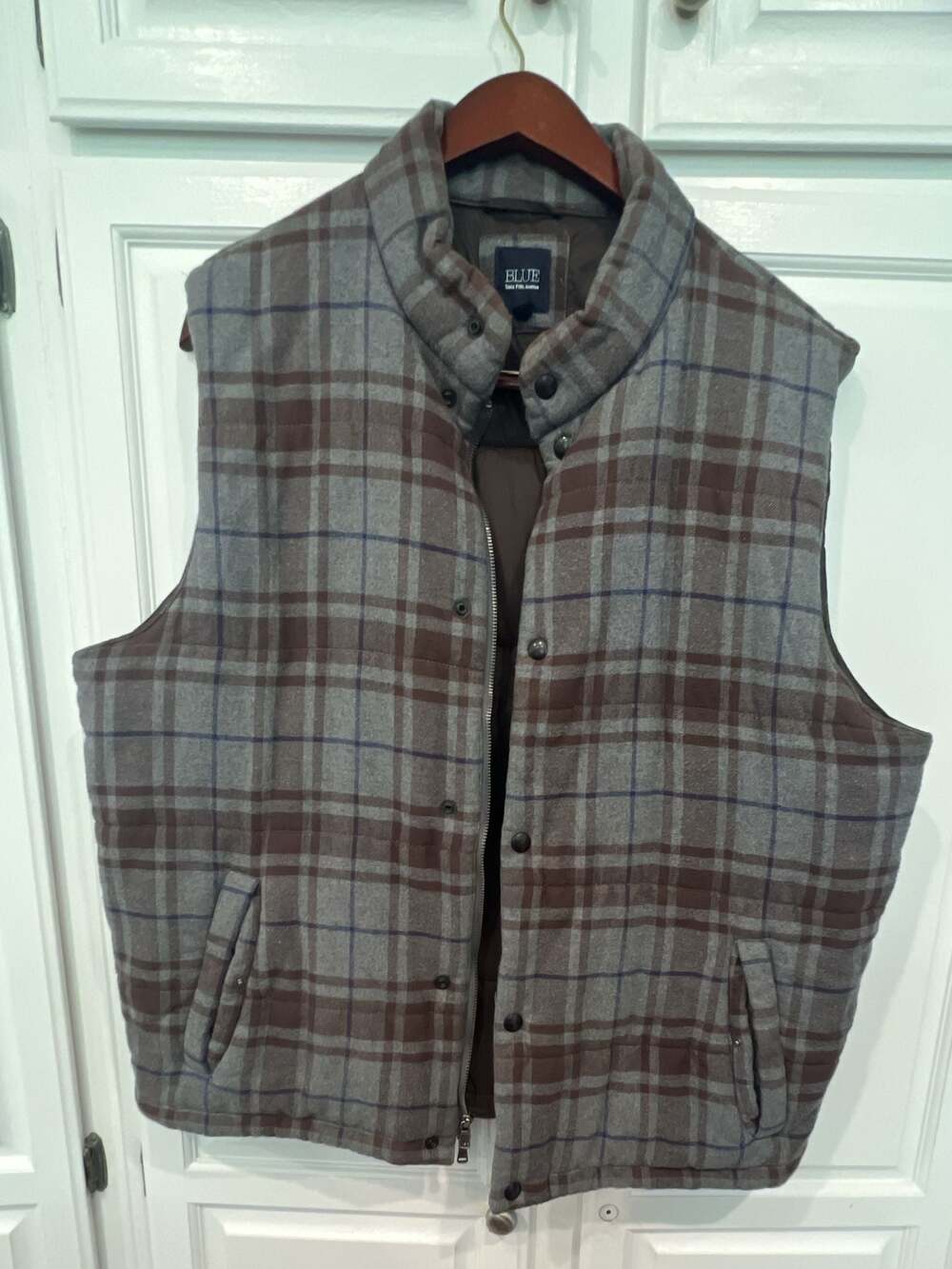 BLUE Saks Fifth Avenue Plaid Wool Puffer Vest Grey Brown Size XL